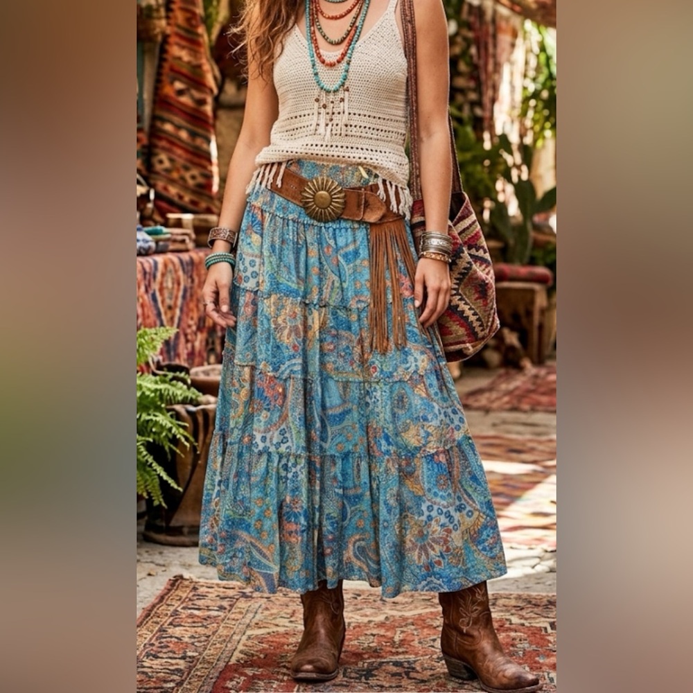 Lauren Ralph Lauren Blue Paisley Tiered Cotton Maxi Skirt Smocked Waist Large